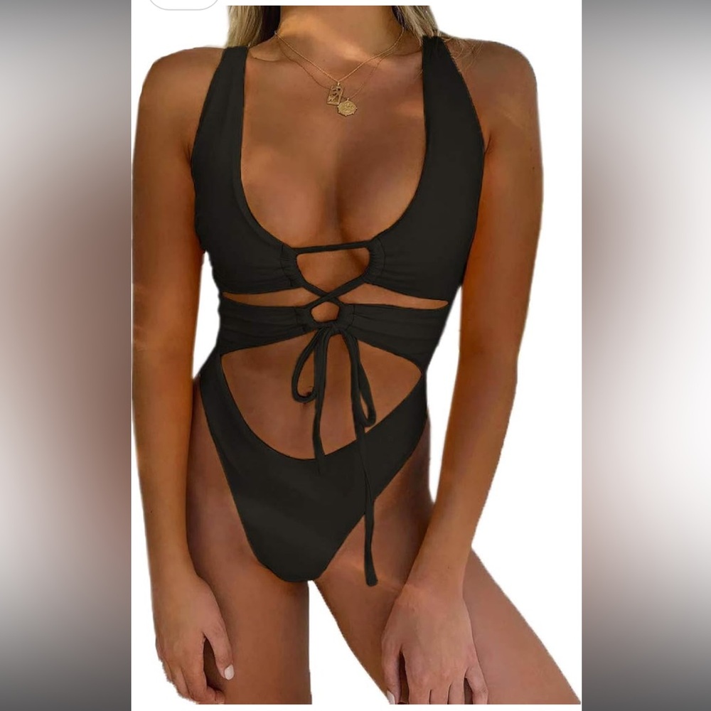 CHYRII Women's Sexy Cutout Lace Up Backless High Cut Swimsuit Monokini,Large